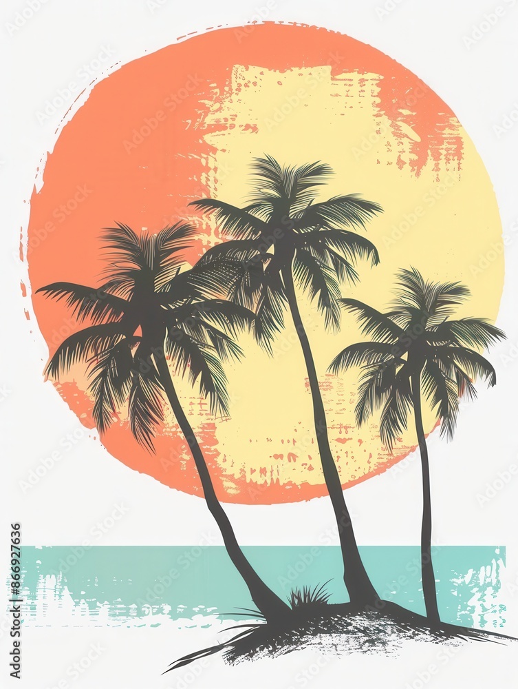 Poster A simple and vibrant image of three palm trees against a beach and sunset. Generative AI