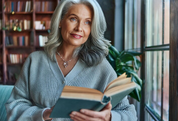 Peaceful senior woman reading book while relaxing on couch