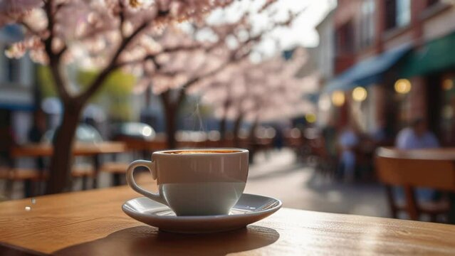 cup of coffee on a table next to the window with a view of the eiffel tower, paris. Seamless looping 4k video animation