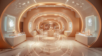 A large circular golden tunnel, equipped with LED screens and light boxes, leads to an elegant skincare launch stage showcasing beige-themed products. a luxurious atmosphere. Generative AI.