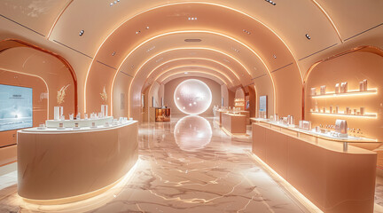 A large circular golden tunnel, equipped with LED screens and light boxes, leads to an elegant skincare launch stage showcasing beige-themed products. a luxurious atmosphere. Generative AI.