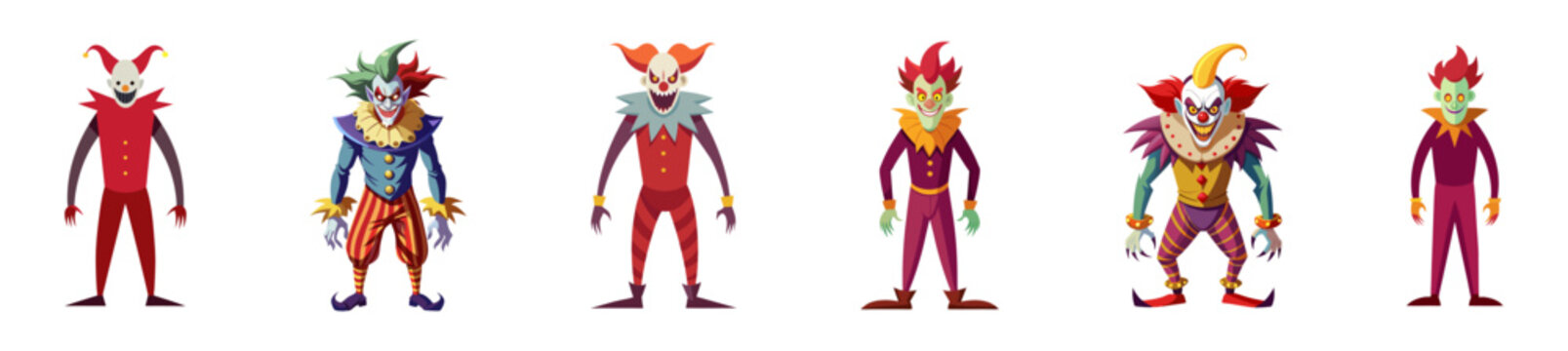 Set of Colorful cartoon evil clowns with creepy grin isolated on a white background. Concept of Halloween, circus performer, horror, spooky character. Print, art, design element