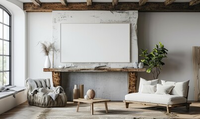 Minimalist living room with a blank canvas on the mantel