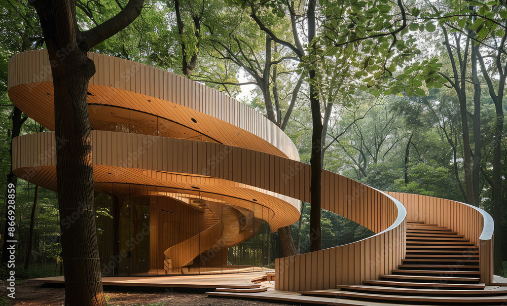 Aufkleber minimum spiral stair pavilion in middle of wood. generative ai.