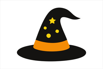 Black witch hat isolated on a white background. Wizard pointed hat. Concept of Halloween, festive icon, minimalist style, magic accessory. Print, icon, design element.