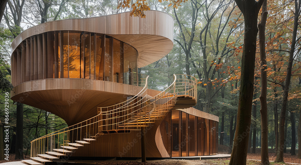 Aufkleber minimum spiral stair pavilion in middle of wood. generative ai.