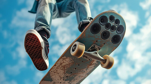 A dynamic angle of a skateboarder's jump against a blue sky