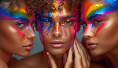 Obraz premium Young people bright make up standing next to each other smiling. One has iridescent paint on face