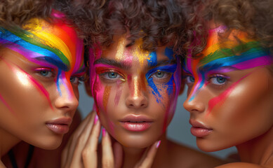 Fototapeta premium Young people bright make up standing next to each other smiling. One has iridescent paint on face