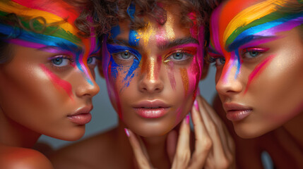 Obraz premium Young people bright make up standing next to each other smiling. One has iridescent paint on face