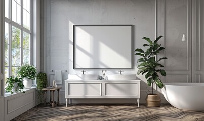 Bright bathroom with an empty frame above the vanity