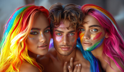 Naklejka premium Young people bright make up standing next to each other smiling. One has iridescent paint on face