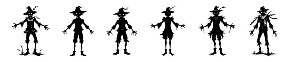 Fototapeta premium Set of Black silhouettes of cartoon scarecrows with witch hats and attires isolated on white background. Concept of Halloween, autumn, spooky character, farm decoration. Print, digital art