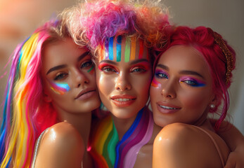 Obraz premium Young people bright make up standing next to each other smiling. One has iridescent paint on face