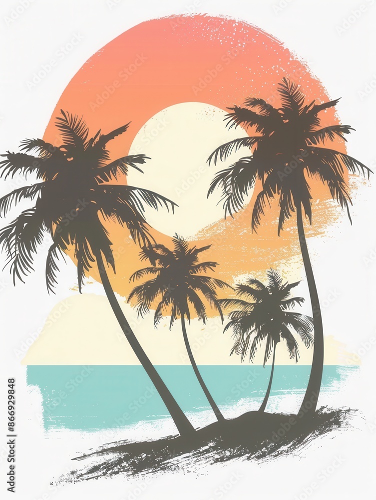 Poster simple and vibrant illustration of palm trees against a sunset and beach backdrop. perfect for trave