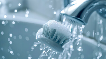 on a toothbrush with toothpaste applied next to water flowing from the tap