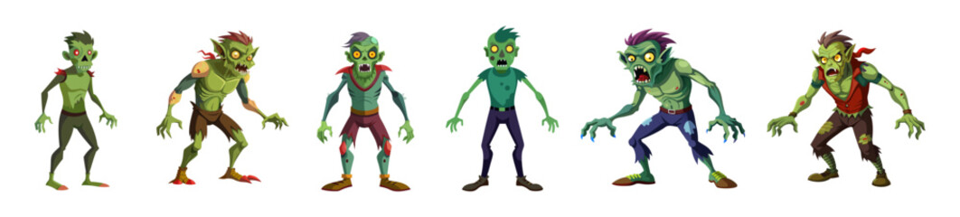 Obraz premium Set of scary cartoon zombies isolated on a white background. Concept of undead monsters, horror illustration, Halloween character, spooky design element. Print, art