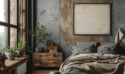 Industrial bedroom with a mockup canvas on the nightstand
