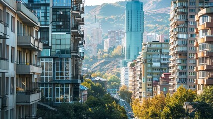 Obraz premium A cityscape with a mix of modern and traditional architecture. Lush greenery fills the foreground, while a tall, slender building dominates the skyline