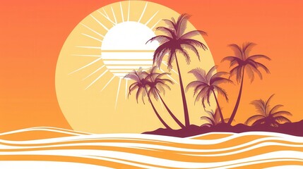 Fototapeta premium A minimalist and vibrant image featuring silhouettes of palm trees against a setting sun and beach. Perfect for travel agencies and resorts. Generative AI