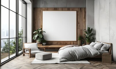 Modern bedroom with a blank canvas on the wall