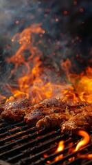 Fototapeta premium Grilled meats cooking over open flame, close-up barbecue scene on a summer day. Outdoor cooking and culinary concept