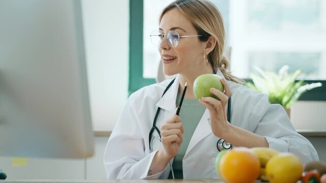 Video of beautiful smart nutritionist woman doing videocall with computer to doing a pacient consultation in the nutritionist consultation