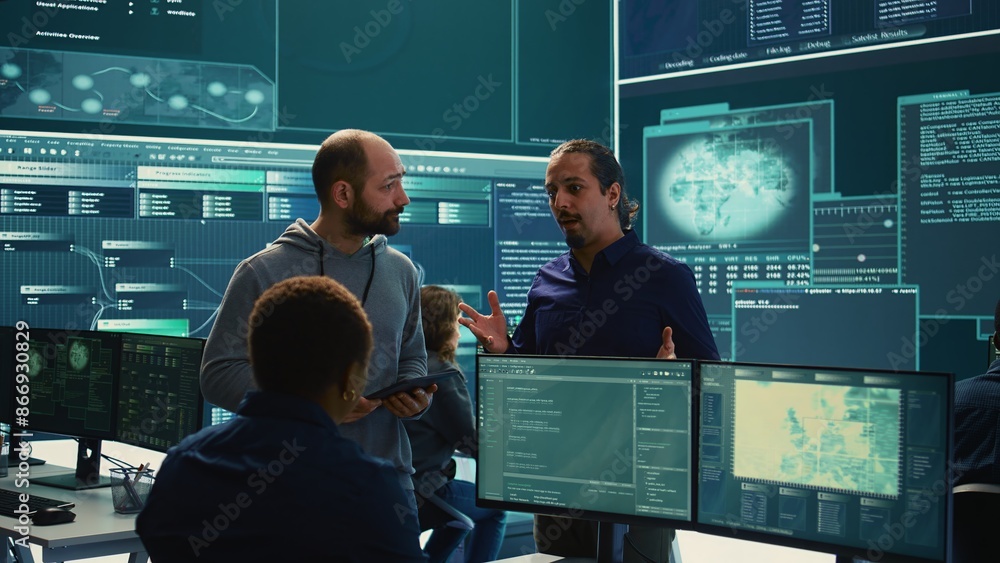 Poster governmental cyber defense team using advanced technology to secure information, cyber operations in