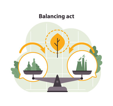 Nature and industry on a scale, showcasing equilibrium. Flat vector illustration