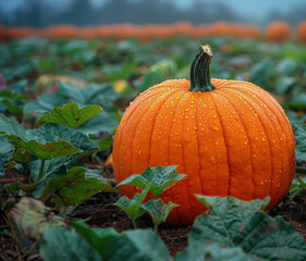 Obraz premium Close up single large pumpkin in pumpkin field, surrounded by green plants and other pumpkins