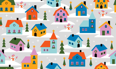 Fototapeta premium Seamless pattern with winter landscape with cute houses, trees and snow. Celebrating Christmas and New Year. Winter wonderland in countryside. Cute festive Christmas seamless pattern