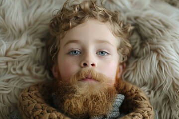 Funny child playing dress up at home, wearing fake ginger beard and mustache