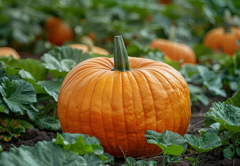 Obraz premium Close up single large pumpkin in pumpkin field, surrounded by green plants and other pumpkins