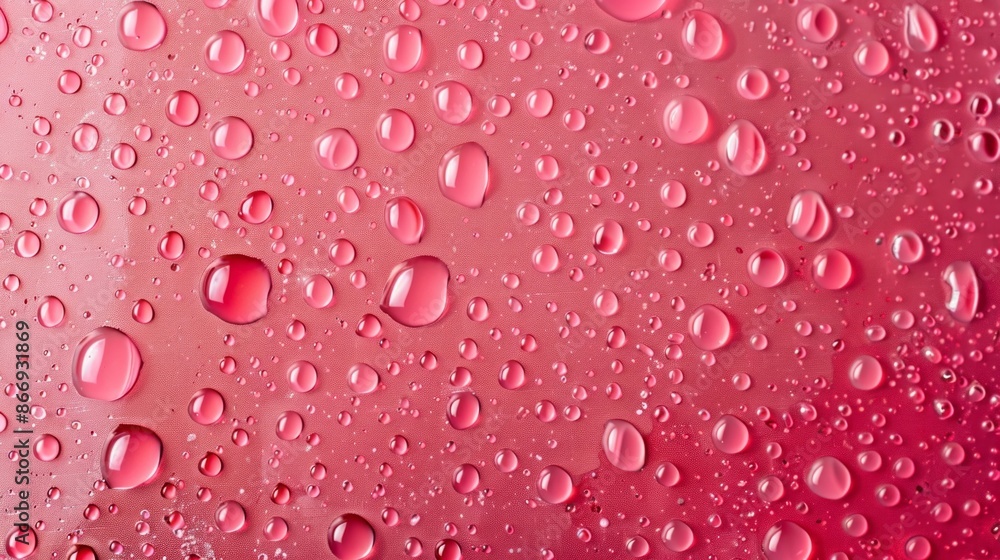 Aufkleber A close-up shot showcasing numerous water droplets in various sizes scattered on a vibrant red surface, creating a captivating and abstract visual
