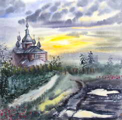 Watercolor church painting. Watercolor church at sunset. Watercolor sunset, watercolor sunset landscape.