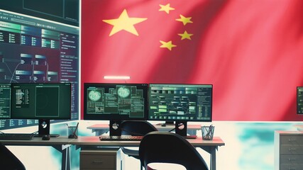 Empty governmental hacking room with chinese flag on a big screen, cyberwarfare and misinformation....