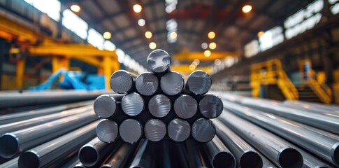 A stack of metal rods in a factory. The rods are silver and are piled on top of each other. Scene is industrial and mechanical
