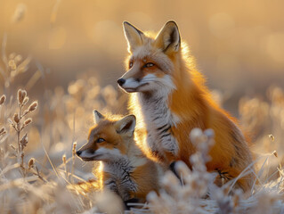A mother fox with her baby fox, showcasing her love and care in the wild. Beautiful picture for mothers day greeting card, prints, wallpapers