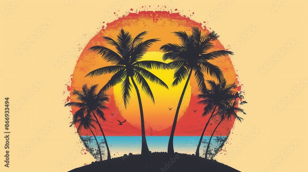 Poster Silhouettes of palm trees against a vibrant sunset over the ocean. A simple and colorful image perfect for travel and resort branding. Generative AI