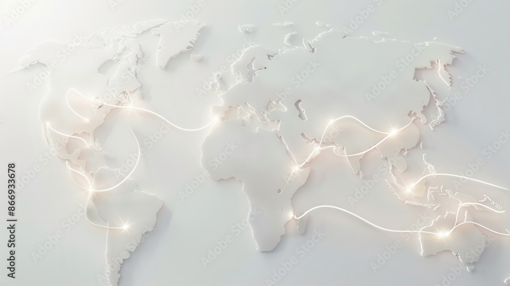 Aufkleber a simple, white world map with glowing lines connecting various locations, representing global trave