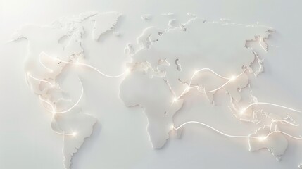 A simple, white world map with glowing lines connecting various locations, representing global travel routes. Ideal for travel agencies and booking services. Generative AI