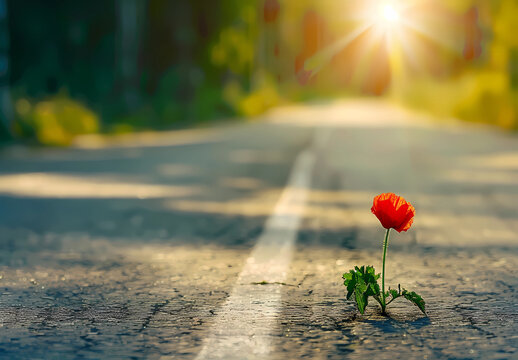 A small flower growing from the crack of an asphalt road, hope, resilience in life or business , challenging times and success concept