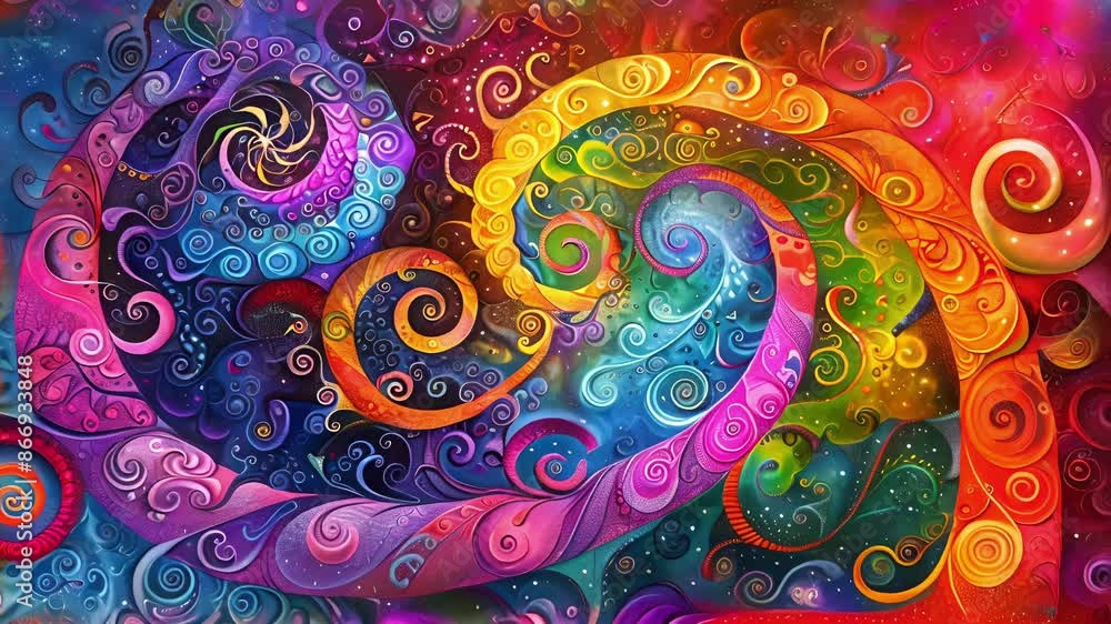 Poster vibrant swirls of color merging into a hypnotic neverending journey of spiral patterns.