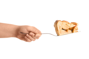 Female hand holding spatula with piece of tasty homemade apple pie on white background