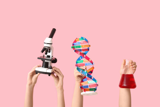 Female hands holding microscope with DNA model and filled flask on pink background. Chemistry lesson concept - Powered by Adobe