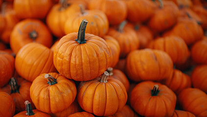 Obraz premium Large pile orange pumpkins stacked together, background blurred to highlight detailed textures