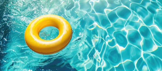 Yellow pool float and blue pool ring in a refreshing pool, space for text