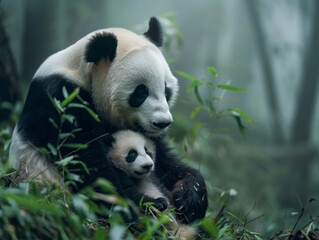 Naklejka premium A mother panda and her cub in the lush greenery of a forest, their black-and-white fur contrasting with vibrant foliage under soft sunlight.Perfect for wallpapers, art prints