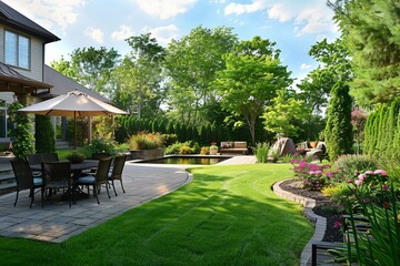 Beautiful backyard of a house with a swimming pool and a landscaped garden on a sunny day
