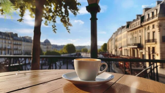 cup of coffee on a table next to the window with a view of the eiffel tower, paris. Seamless looping 4k video animation